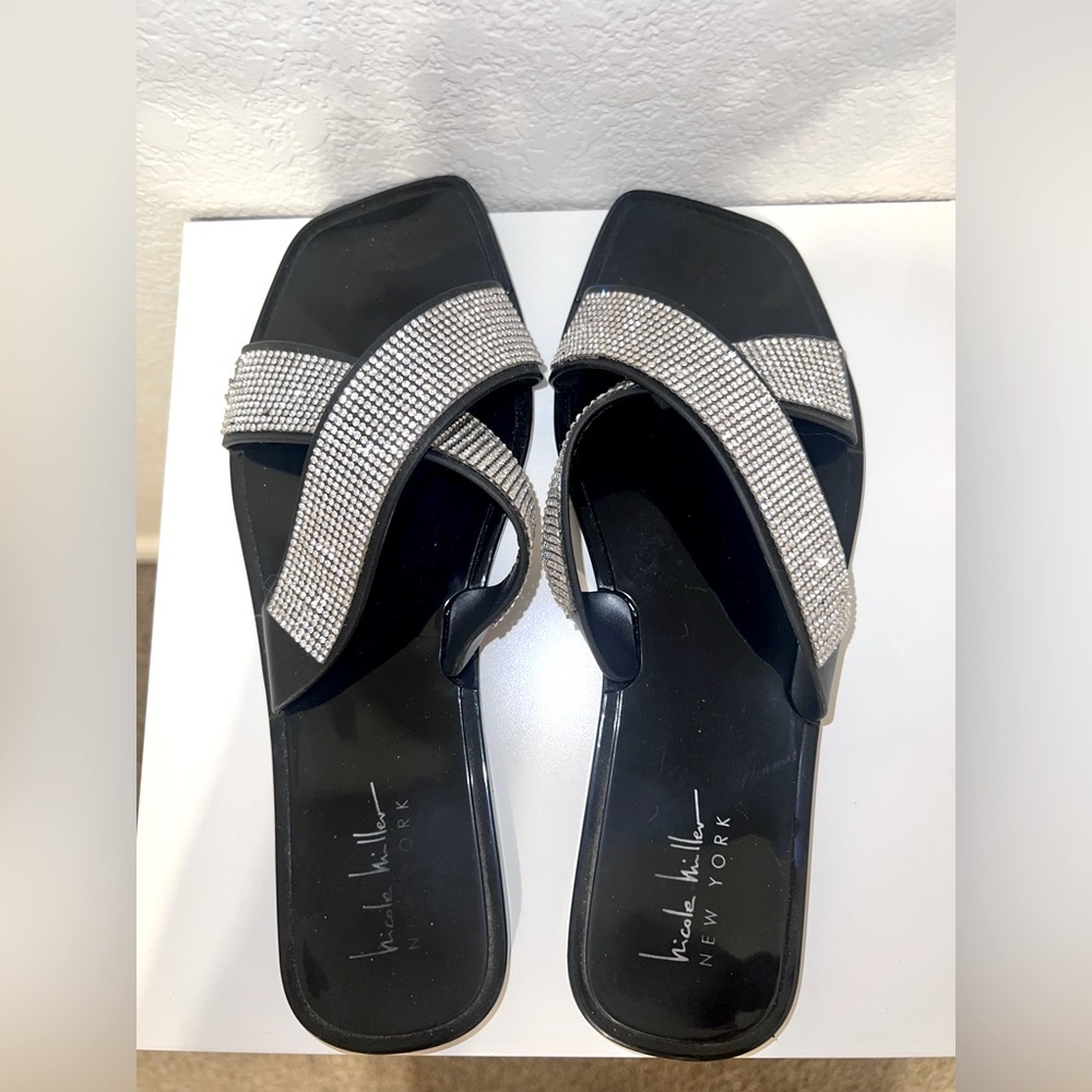 NEW Nicole Miller Sz 8 Black Embellished  Rhinestones Glam Jelly Slide Sandals
